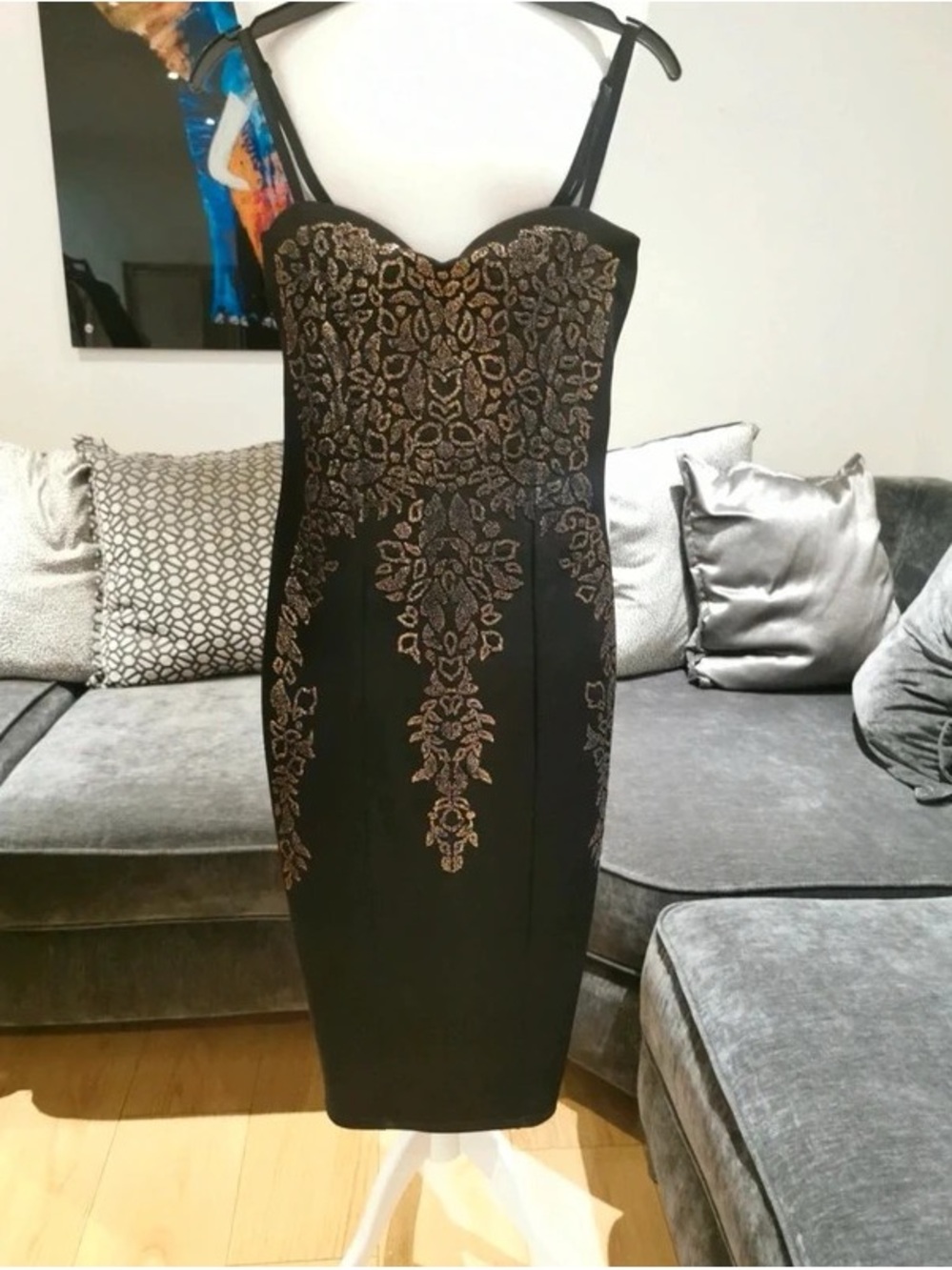 Black Maxi Dress with Gold Embroidered Applique